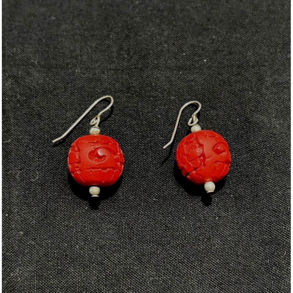 Vintage Carved Cinnabar Earrings Dangle Silver Toned Metal 925? Unmarked‎